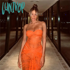 Lunivop Hollow Out Lace Sheer Maxi Dresses Sexy Strapless Elegant Outfits For Women Club Party