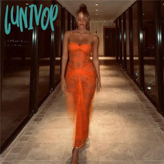 Lunivop Hollow Out Lace Sheer Maxi Dresses Sexy Strapless Elegant Outfits For Women Club Party
