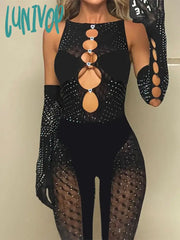 Lunivop Hollow Out Long Sleeve Black Jumpsuit Sexy Women Mesh See Through Sleeveless Summer