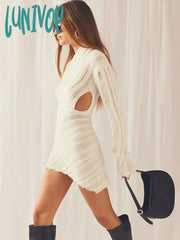 Lunivop Hollow Out Long Sleeve Knitted Mini Dress Women Sexy White Bodycon Slim Dresses Autumn