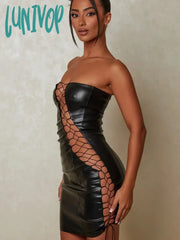 Lunivop Hollow Out Pu Leather Sexy Mini Dresses For Women Strapless Sleeveless Backless Bodycon