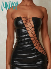 Lunivop Hollow Out Pu Leather Sexy Mini Dresses For Women Strapless Sleeveless Backless Bodycon