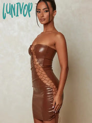 Lunivop Hollow Out Pu Leather Sexy Mini Dresses For Women Strapless Sleeveless Backless Bodycon