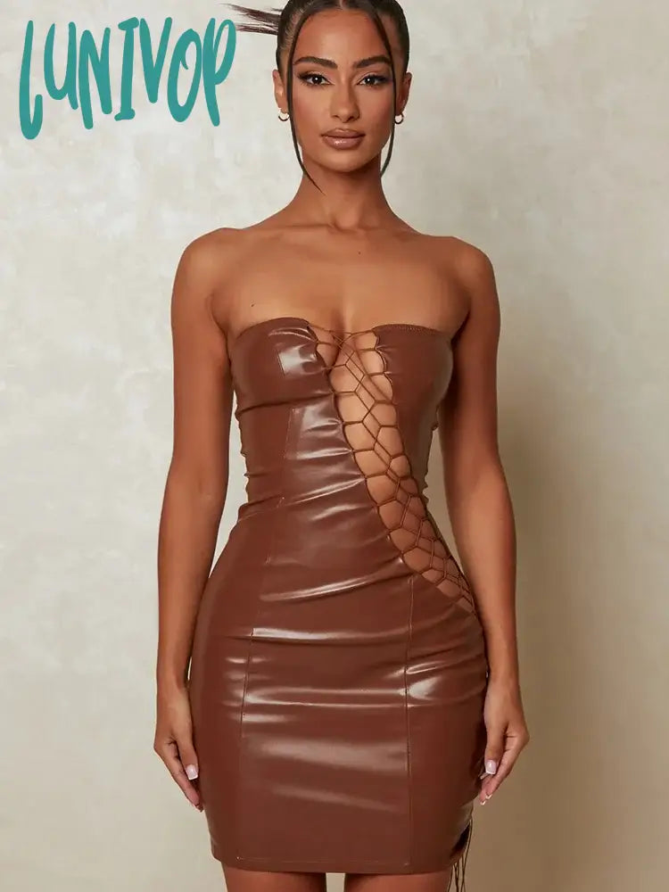 Lunivop Hollow Out Pu Leather Sexy Mini Dresses For Women Strapless Sleeveless Backless Bodycon