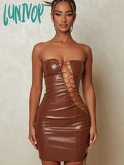Lunivop Hollow Out Pu Leather Sexy Mini Dresses For Women Strapless Sleeveless Backless Bodycon