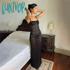 Lunivop Hollow Out Transparent Lace Maxi Dress Split Summer Sexy Backless Club Party Sleeveless