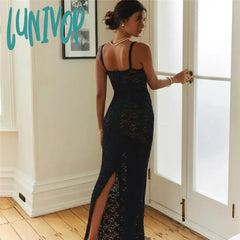 Lunivop Hollow Out Transparent Lace Maxi Dress Split Summer Sexy Backless Club Party Sleeveless