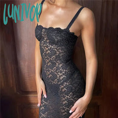 Lunivop Hollow Out Transparent Lace Maxi Dress Split Summer Sexy Backless Club Party Sleeveless
