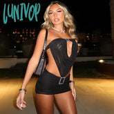 Lunivop Hollow Strapless Backless Mini Dress Sexy Black Mesh Club Dresses Womens Summer Fashion Y2K