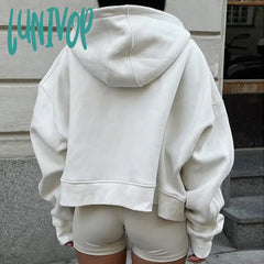Lunivop Hooded Zip Up Crop Sweatshirt Women Streetwear Embroidery Hoodie Overfit Blank Outerwear