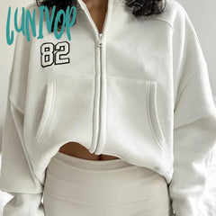 Lunivop Hooded Zip Up Crop Sweatshirt Women Streetwear Embroidery Hoodie Overfit Blank Outerwear