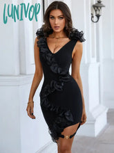 Lunivop Hot Chic Women Summer Style Sexy V Neck Sequined Ruffles Black Mini Bodycon Bandage Dress