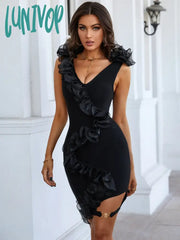 Lunivop Hot Chic Women Summer Style Sexy V Neck Sequined Ruffles Black Mini Bodycon Bandage Dress