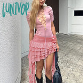 Lunivop Hot Girl Deep V-Neck Sexy Hollow Out Ruffled Dress For Women Floral Applique Lace Up