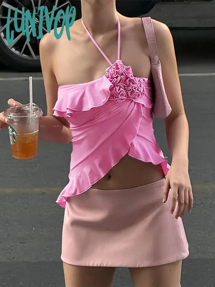 Lunivop Hot Girls Sexy Crop Tops 2024 Flower Bandage Off Shoulder Tank Top Woman Holiday Ruffles