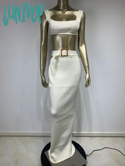 Lunivop Hot Women Summer Sexy Tank Beige Belt Maxi Long Bodycon Bandage Skirt Set Knitted Elegant