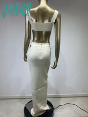 Lunivop Hot Women Summer Sexy Tank Beige Belt Maxi Long Bodycon Bandage Skirt Set Knitted Elegant