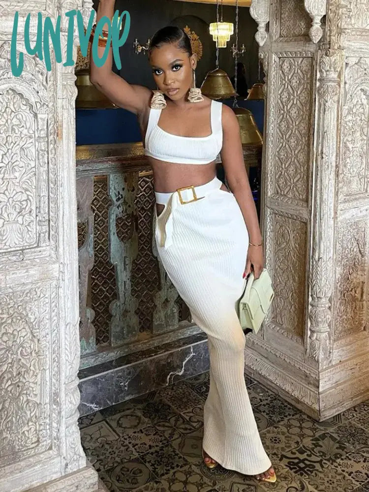 Lunivop Hot Women Summer Sexy Tank Beige Belt Maxi Long Bodycon Bandage Skirt Set Knitted Elegant