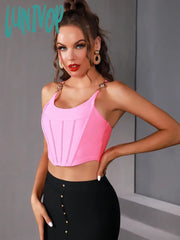 Lunivop Hot Women Summer Soild Sexy Sleeveless Backless Sequined Pink Camis Bandage Tops Celebrity
