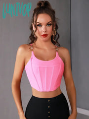 Lunivop Hot Women Summer Soild Sexy Sleeveless Backless Sequined Pink Camis Bandage Tops Celebrity