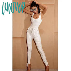 Lunivop Hot Women Winter Fashion Sexy V Neck Black White Eyelet Bodycon Bandage Jumpsuit Celebrity