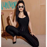 Lunivop Hot Women Winter Fashion Sexy V Neck Black White Eyelet Bodycon Bandage Jumpsuit Celebrity