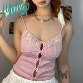 Lunivop Hotsweet Lace Spliced Pink Summer Crop Tops Short Coquett Clothes Lolita Bow Sexy Camis