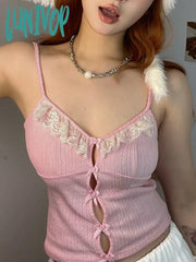 Lunivop Hotsweet Lace Spliced Pink Summer Crop Tops Short Coquett Clothes Lolita Bow Sexy Camis