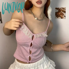 Lunivop Hotsweet Lace Spliced Pink Summer Crop Tops Short Coquett Clothes Lolita Bow Sexy Camis