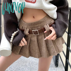 Lunivop Houndstooth American College Style Khaki Plaid Pleated Skirt Women’s Summer Color