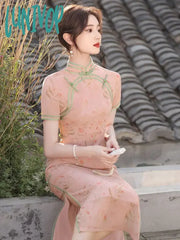 Lunivop Improved Cheongsam Short-Sleeved Women’s Summer Youth Floral Elegant Pink Long Chinese Wear