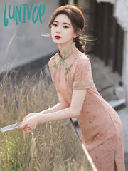 Lunivop Improved Cheongsam Short-Sleeved Women’s Summer Youth Floral Elegant Pink Long Chinese Wear