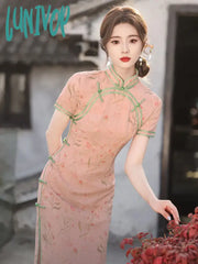 Lunivop Improved Cheongsam Short-Sleeved Women’s Summer Youth Floral Elegant Pink Long Chinese Wear