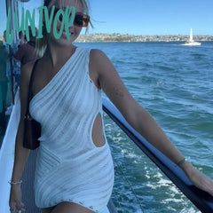 Lunivop Irregular Cut Out Sexy Knitted Mini Dress Women One Shoulder Summer Sleeveless Bodycon Club