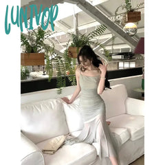 Lunivop Irregular Midi Dress Women Elegant Spaghetti Strap Folds A Line Dresses Korean Vintage