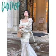 Lunivop Irregular Midi Dress Women Elegant Spaghetti Strap Folds A Line Dresses Korean Vintage