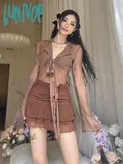 Lunivop Irregular Ruffles Y2K Blouses Women Summer Flare Sleeve Bandage Crop Tops Ladies Elegant