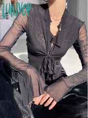 Lunivop Irregular Ruffles Y2K Blouses Women Summer Flare Sleeve Bandage Crop Tops Ladies Elegant