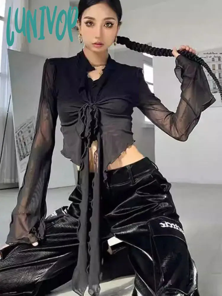 Lunivop Irregular Ruffles Y2K Blouses Women Summer Flare Sleeve Bandage Crop Tops Ladies Elegant