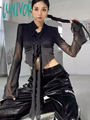 Lunivop Irregular Ruffles Y2K Blouses Women Summer Flare Sleeve Bandage Crop Tops Ladies Elegant