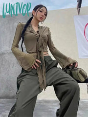 Lunivop Irregular Ruffles Y2K Blouses Women Summer Flare Sleeve Bandage Crop Tops Ladies Elegant