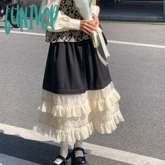 Lunivop Japanese Fashion Long Skirt Women Black High Waist A-Line Lace Patchwork Ruffles Midi