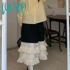 Lunivop Japanese Fashion Long Skirt Women Black High Waist A-Line Lace Patchwork Ruffles Midi