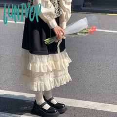 Lunivop Japanese Fashion Long Skirt Women Black High Waist A-Line Lace Patchwork Ruffles Midi