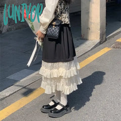 Lunivop Japanese Fashion Long Skirt Women Black High Waist A-Line Lace Patchwork Ruffles Midi