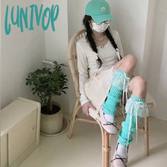 Lunivop Japanese Jk Lolita Girls Bow Streamer Leg Socks Knitted Lace Cover Pile Y2K Warmers