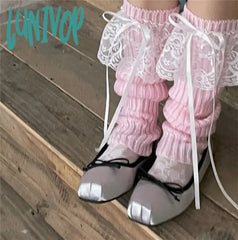 Lunivop Japanese Jk Lolita Girls Bow Streamer Leg Socks Knitted Lace Cover Pile Y2K Warmers