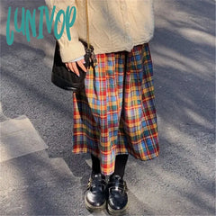 Lunivop Japanese Rainbow High Waist A-Line Wool Plaid Skirt Female Students Preppy Style Wild Midi