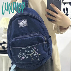 Lunivop Japanese Simple Kawaii Cat Backpack Denim Handbag Shoulder Bags Large Capacity Student