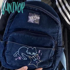 Lunivop Japanese Simple Kawaii Cat Backpack Denim Handbag Shoulder Bags Large Capacity Student